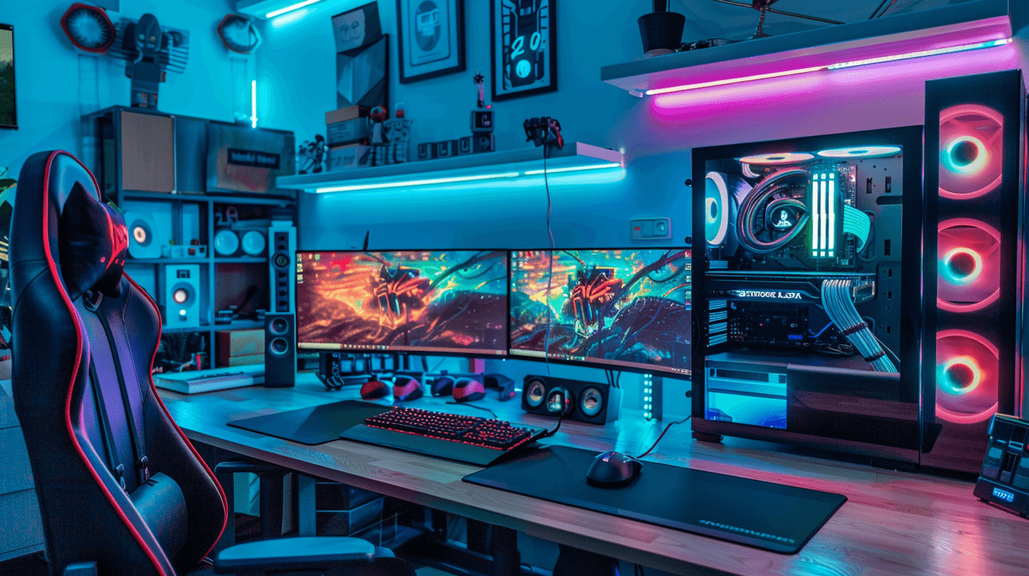 Custom PC building workbench with high-end components and professional tools