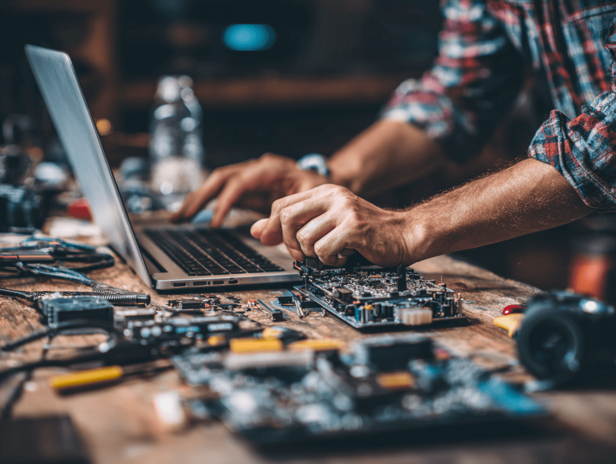 Technician replacing a laptop battery